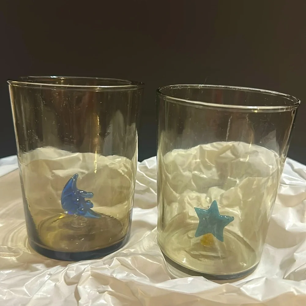 Crescent Blue Moon Star Glass Tumbler Smokey Grey Clear Glass cup set
